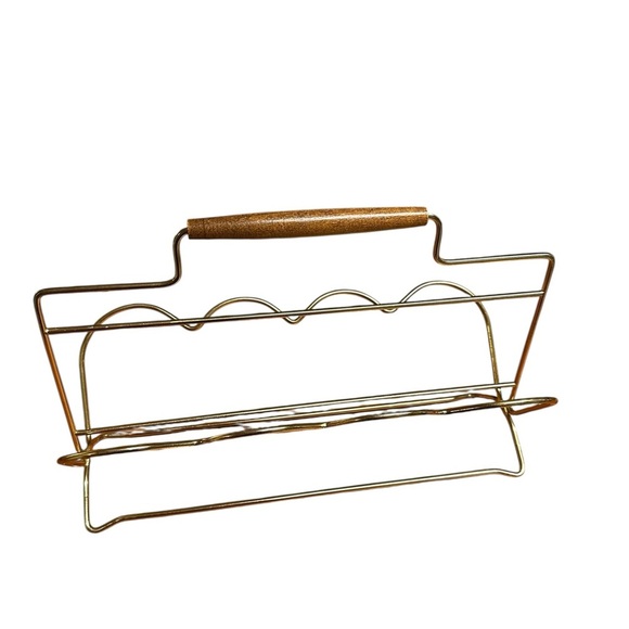 Vintage Wire MCM Wooden Handle, Brass Glass Caddy for Eight Glasses Collapsible - Picture 1 of 4